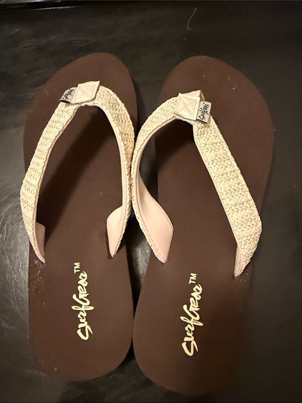 SurfGear Women’s Cream Braided Strap Brown Footbed Flip Flops